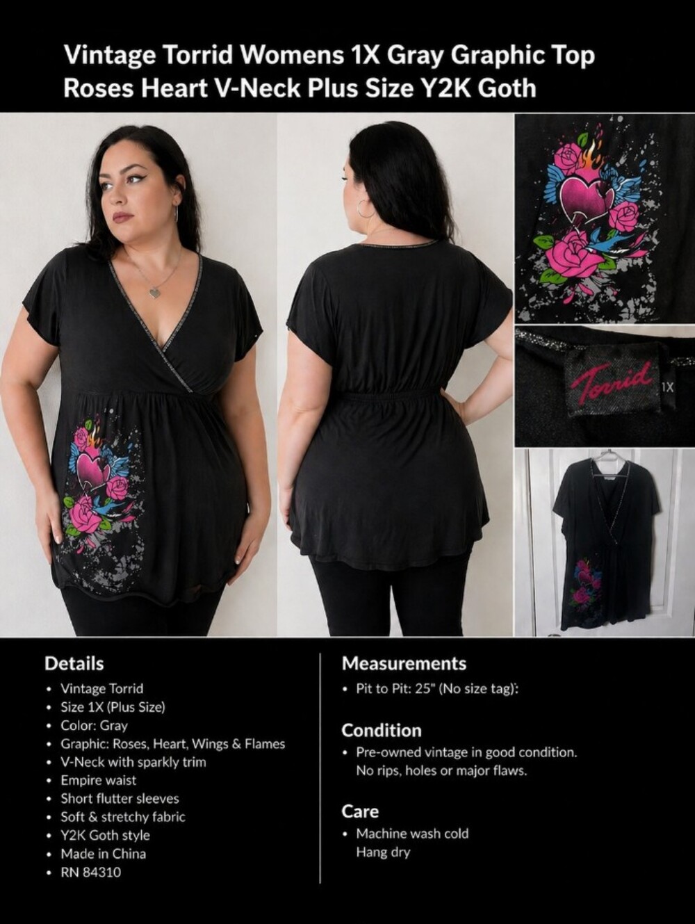 Vintage Torrid Womens 1X Gray Graphic Top Roses Heart V-Neck Plus Size Y2K Goth